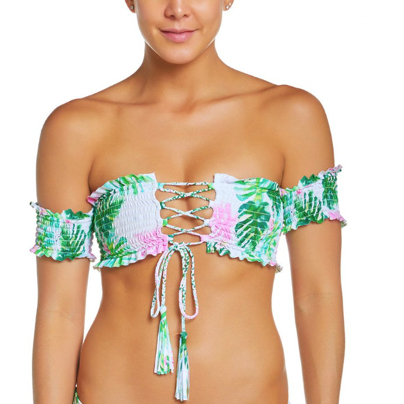 PILYQ Tropical Floral Smocked Off Shoulder Reversible Bikini Top NWT Cup Size D - Picture 2 of 16